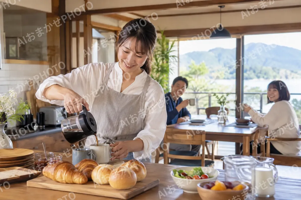 朝食のパンとコーヒーを用意するオーナー（民泊・ゲストハウスの写真 No.34）