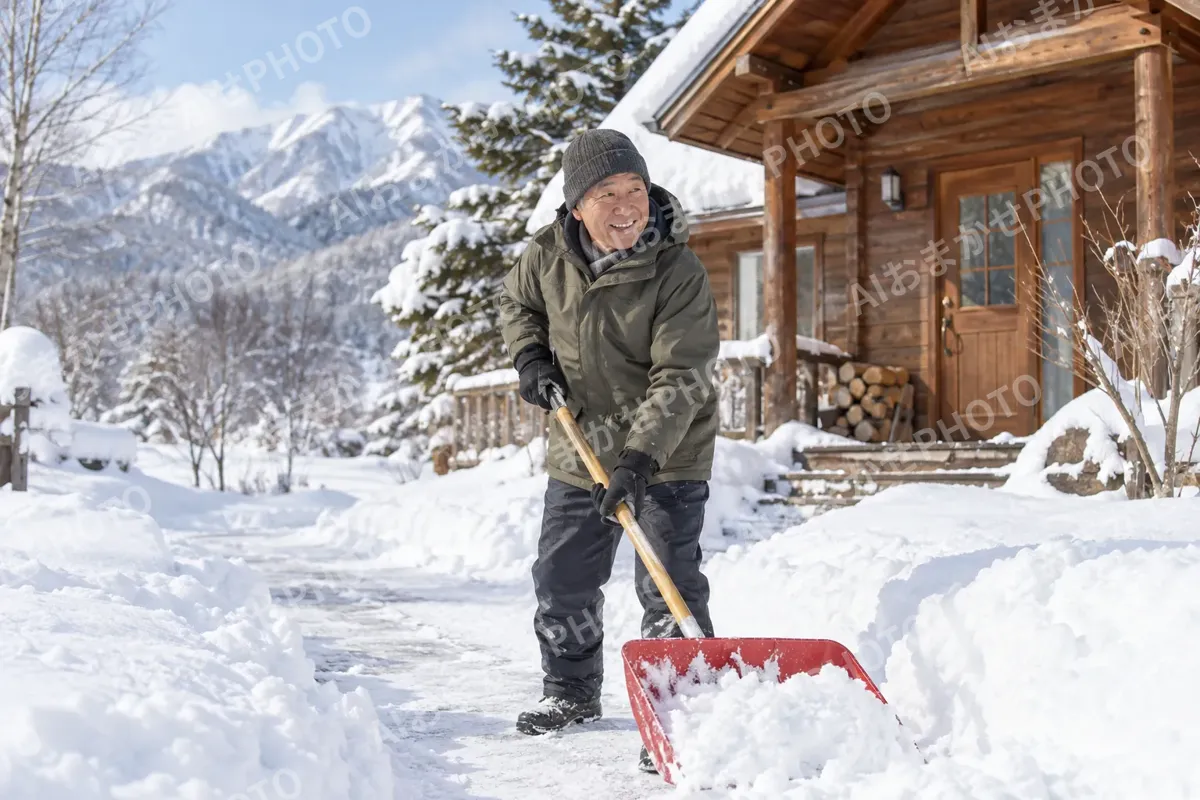 雪かきをするオーナー（ペンション・コテージの写真 No.26）