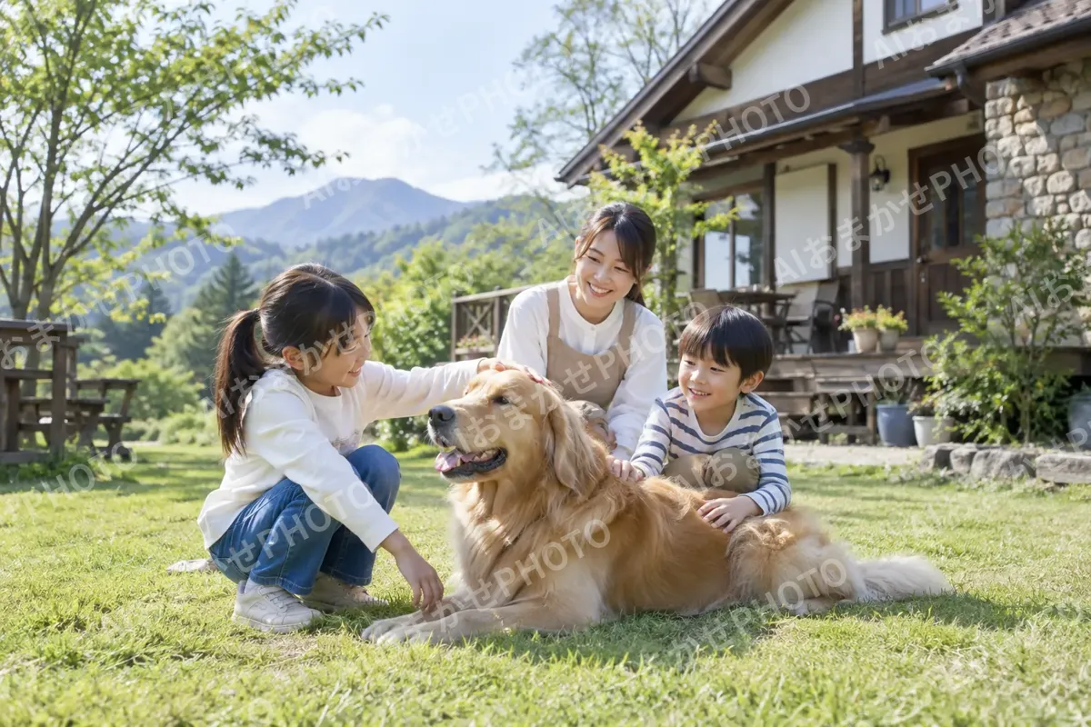 ペンションの犬とふれあう子ども（ペンション・コテージの写真 No.28）