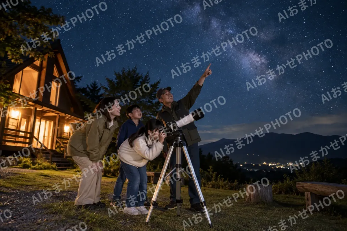 夜に望遠鏡で星を見るお客様とオーナー（ペンション・コテージの写真 No.29）