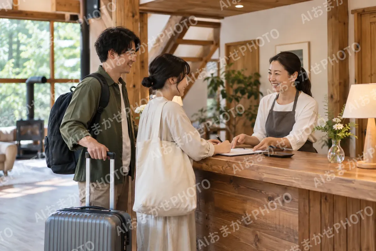 受付で宿泊の手続きをするお客様とオーナー（ペンション・コテージの写真 No.33）
