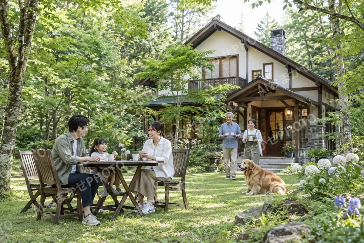 森の中のペンションの建物と庭（ペンション・コテージの写真 No.36）