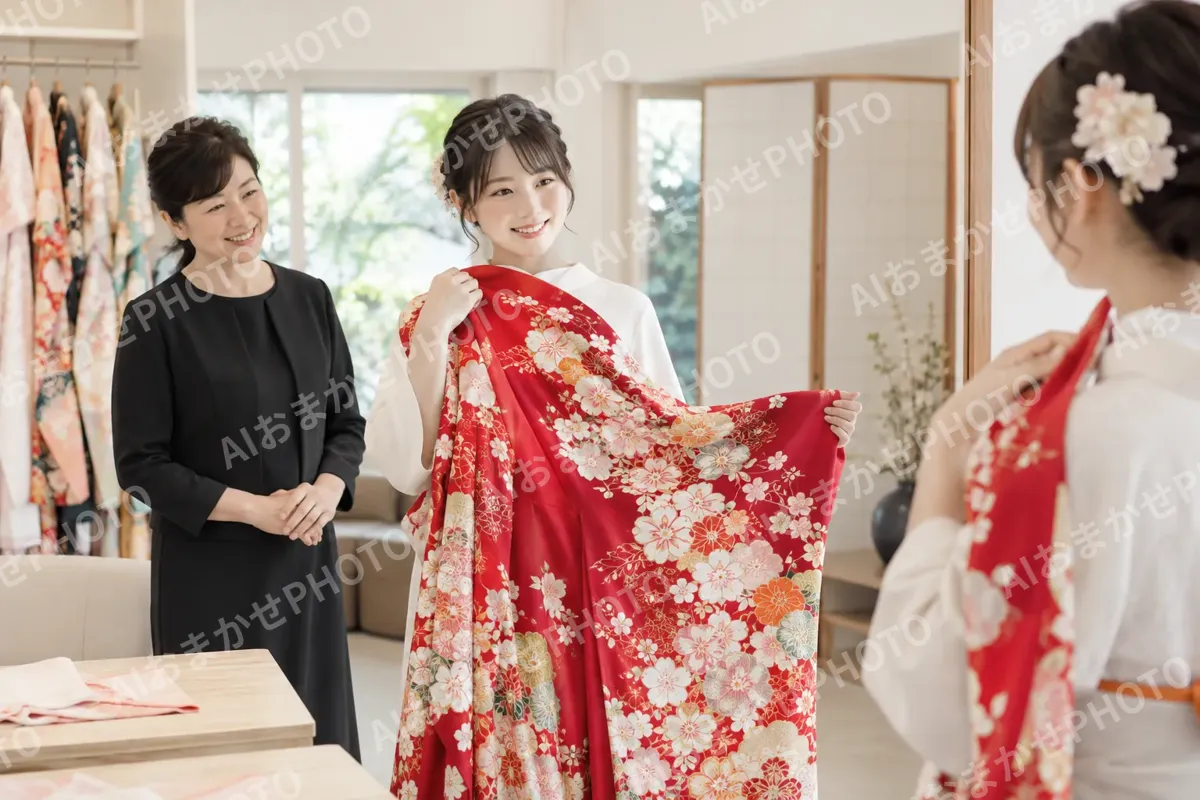 振袖を肩に当てて鏡を見るお客様（レンタル衣装・貸衣装の写真 No.26）