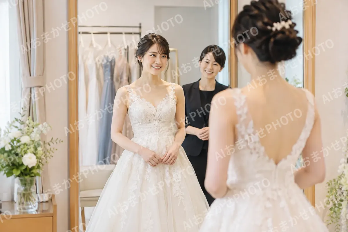 ドレスを試着して鏡の前に立つお客様（レンタル衣装・貸衣装の写真 No.29）