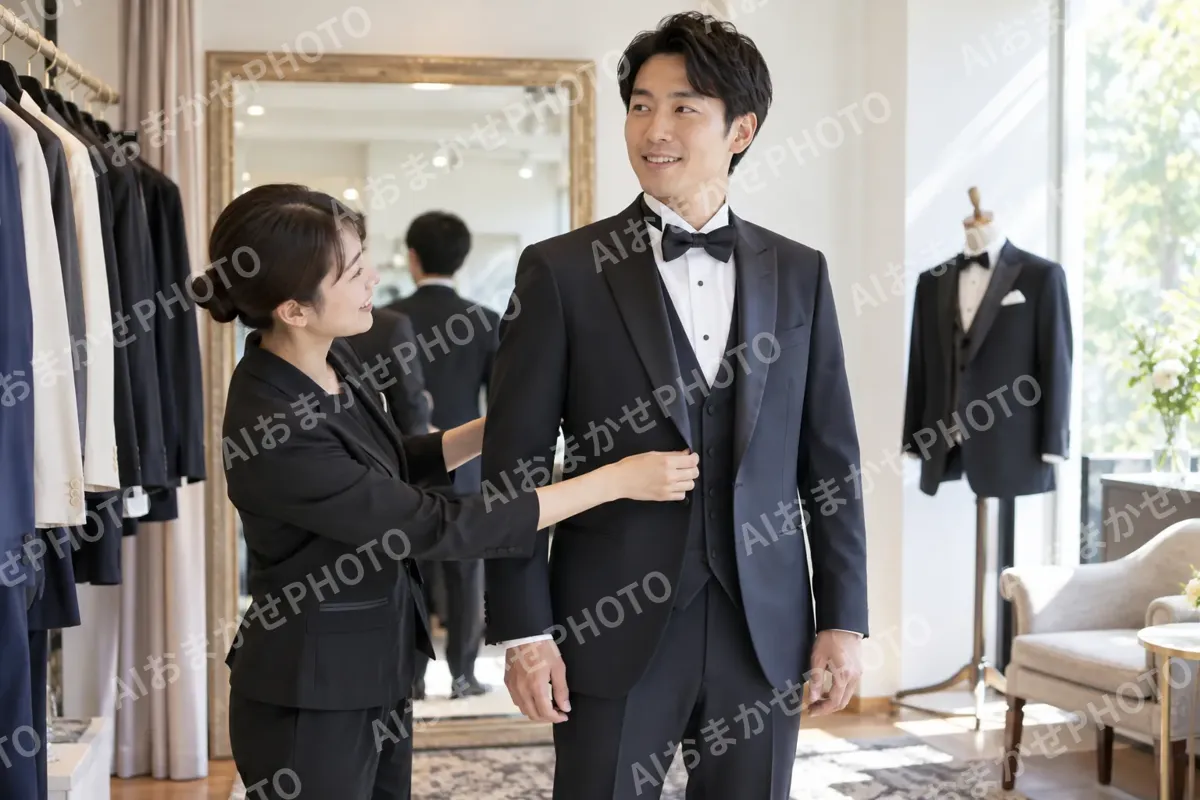 タキシードを試着する新郎とスタッフ（レンタル衣装・貸衣装の写真 No.31）