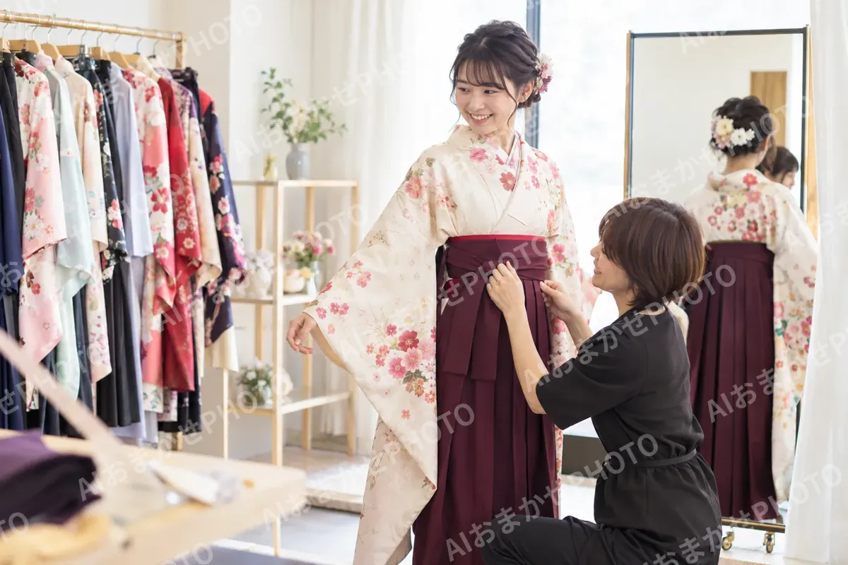 はかまを試着する学生とスタッフ（レンタル衣装・貸衣装の写真 No.32）