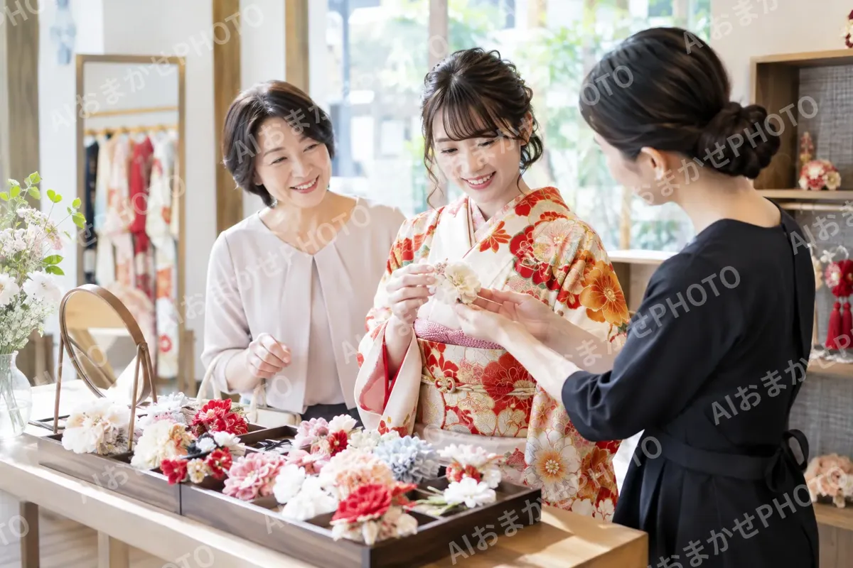 髪かざりを選ぶお客様（レンタル衣装・貸衣装の写真 No.38）