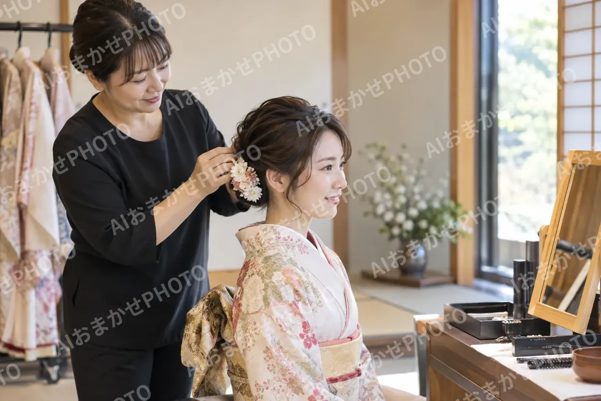 髪を結ってもらうお客様（レンタル衣装・貸衣装の写真 No.39）