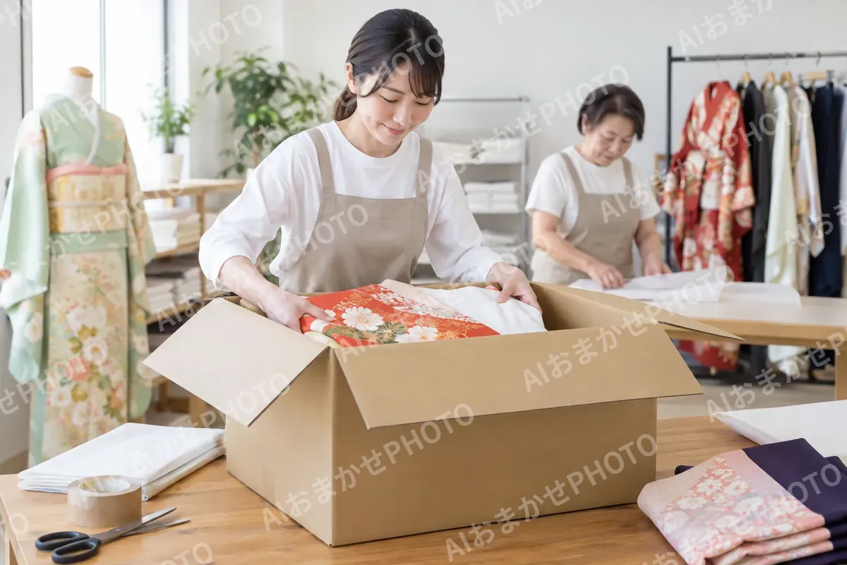 衣装を箱につめて送る準備をするスタッフ（レンタル衣装・貸衣装の写真 No.45）