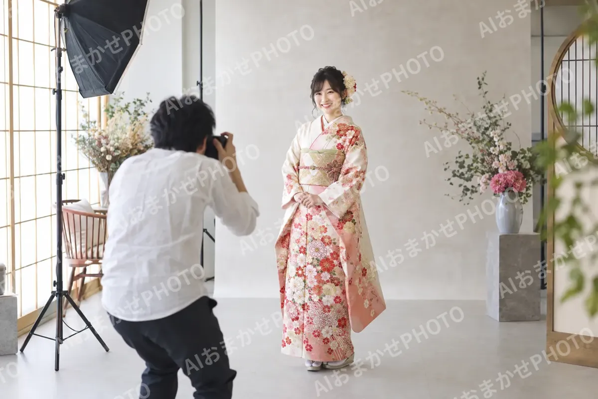 スタジオで着物姿の写真を撮ってもらうお客様（レンタル衣装・貸衣装の写真 No.46）