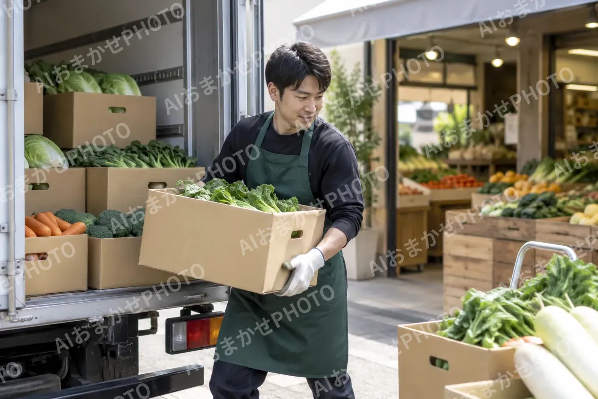 トラックから野菜の箱を下ろす店員（精肉・鮮魚・青果の写真 No.25）