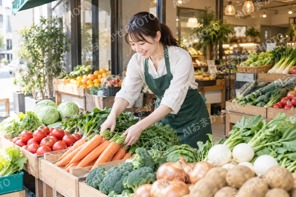 店先に野菜を並べる店員（精肉・鮮魚・青果の写真 No.26）