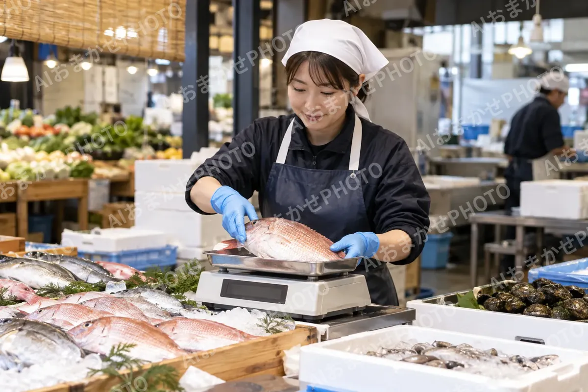 はかりで重さを量る店員（精肉・鮮魚・青果の写真 No.29）