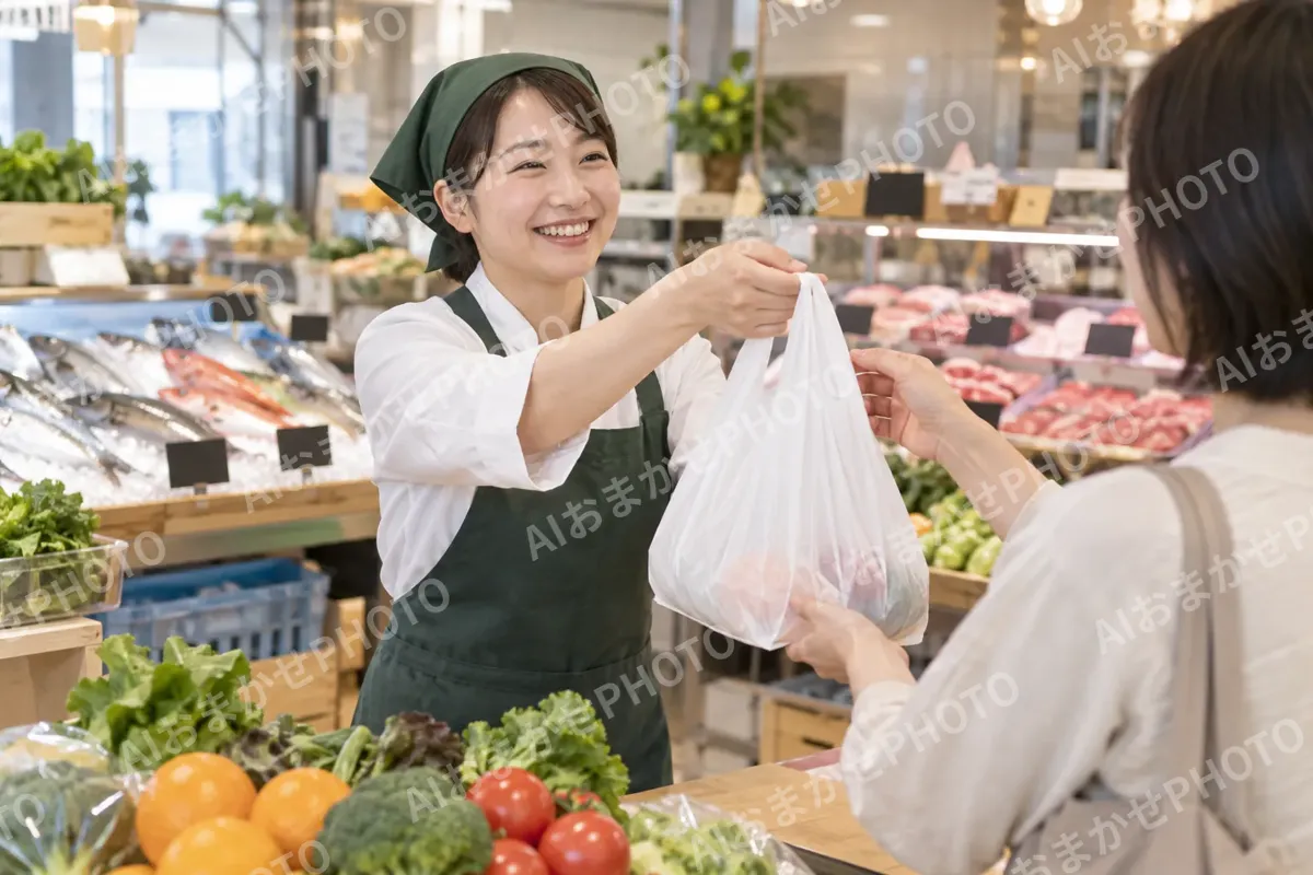 商品をふくろに入れてわたす店員（精肉・鮮魚・青果の写真 No.31）