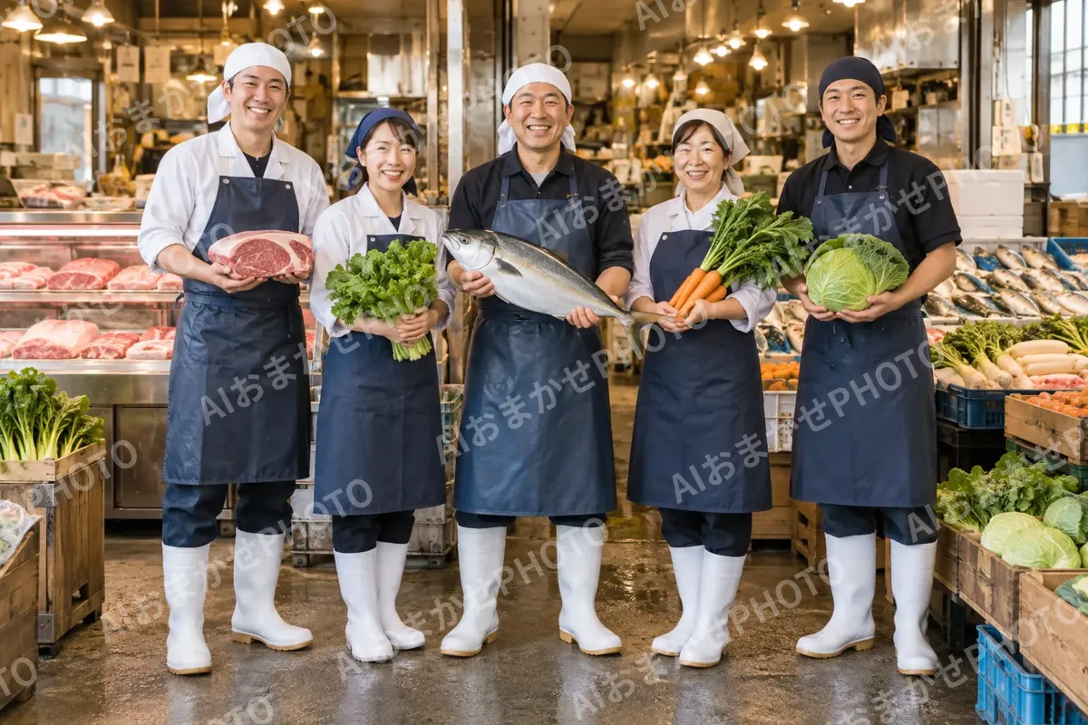 前かけと長ぐつの店員たちの集合写真（精肉・鮮魚・青果の写真 No.35）