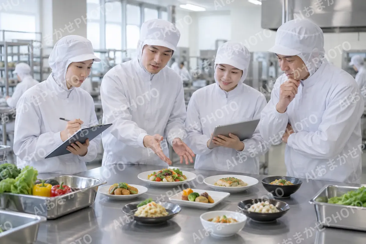 試作の料理を並べて話し合う開発の担当者たち（食品加工・食品工場の写真 No.67）