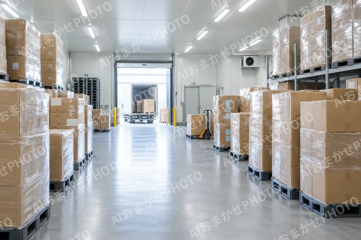 出荷を待つ箱が並んだ倉庫（食品加工・食品工場の写真 No.70）