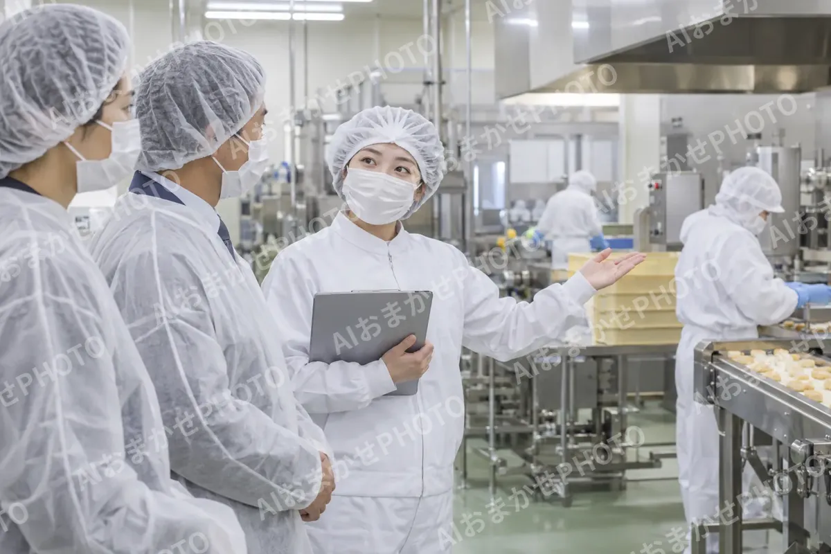 取引先の人に工場を案内する社員（食品加工・食品工場の写真 No.71）