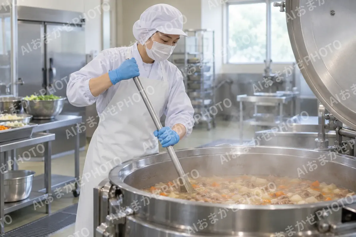 大きななべで材料を煮る作り手（食品製造・販売の写真 No.25）
