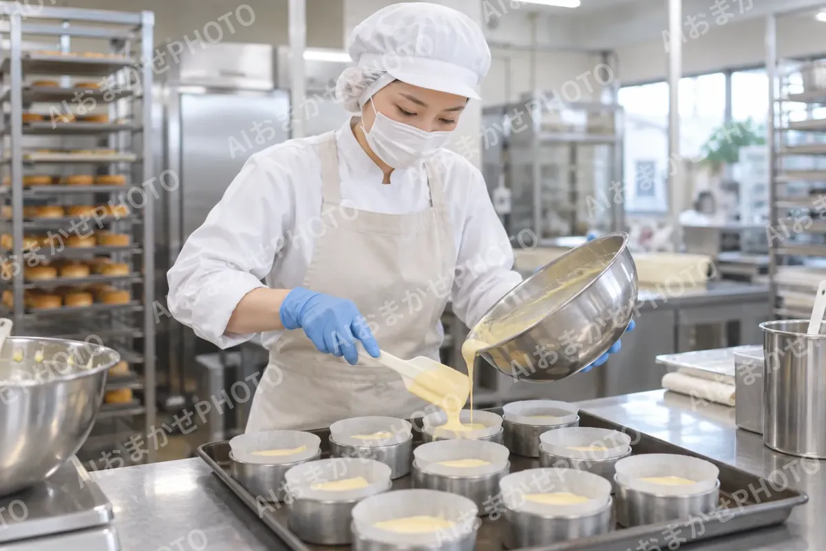生地を型に入れる作り手（食品製造・販売の写真 No.28）