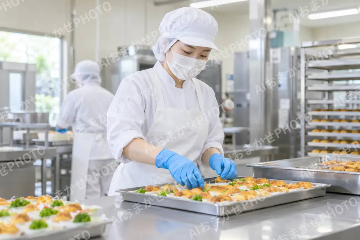 できたての食品をトレーに並べる作り手（食品製造・販売の写真 No.30）