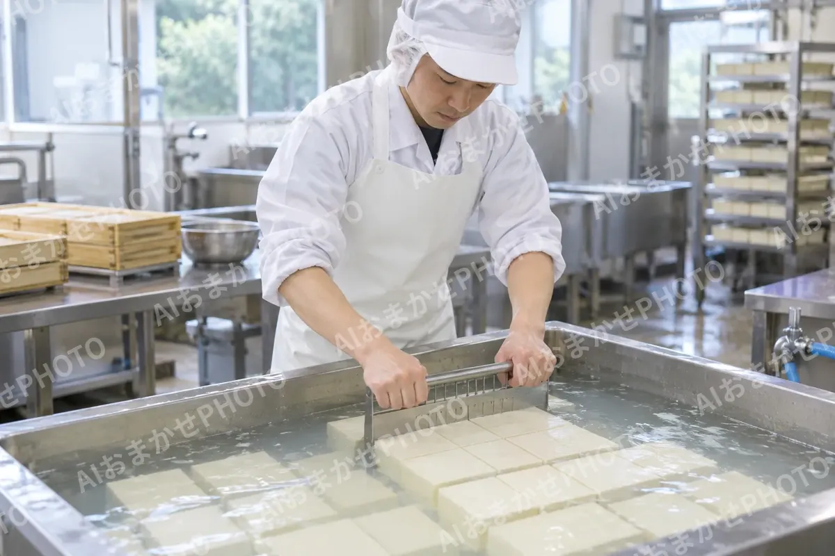 とうふを水の中で切り分ける作り手（食品製造・販売の写真 No.31）