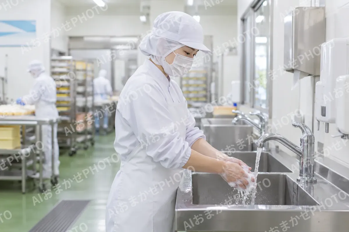白衣と帽子とマスクを身につけて手を洗う作り手（食品製造・販売の写真 No.37）