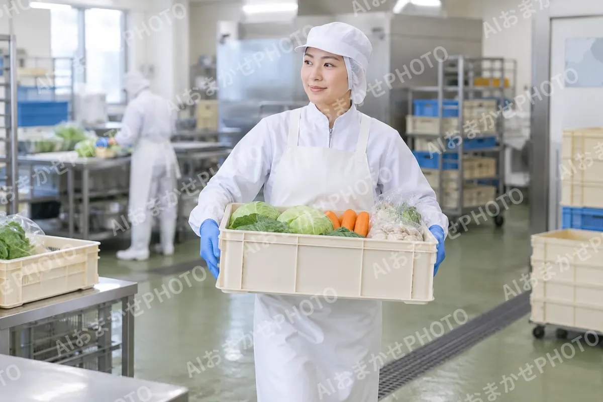 材料が入った箱を運ぶ作り手（食品製造・販売の写真 No.40）