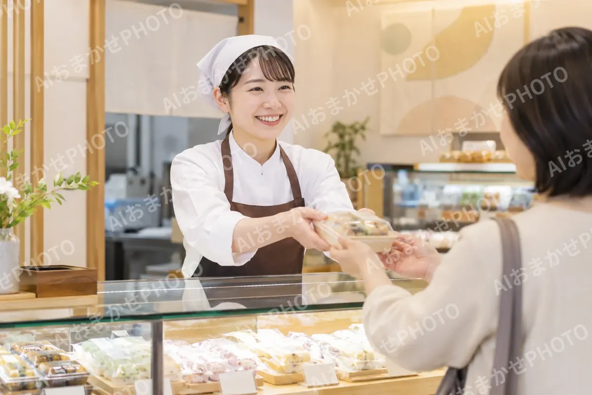 売り場でお客様に商品をわたす店員（食品製造・販売の写真 No.44）