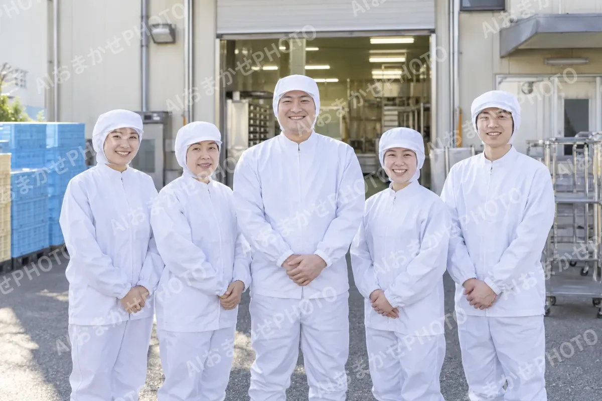 作業場の前に並んだ社員の集合写真（食品製造・販売の写真 No.47）