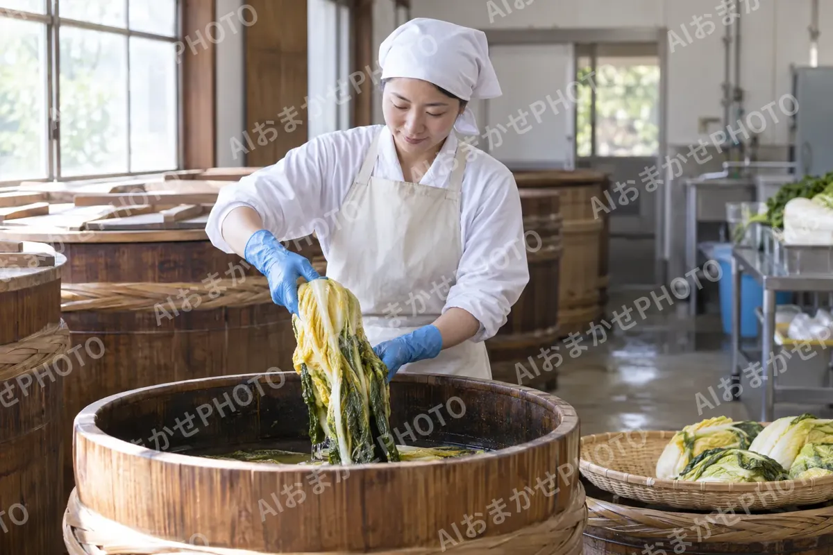 つけものをたるからあげる作り手（食品製造・販売の写真 No.53）