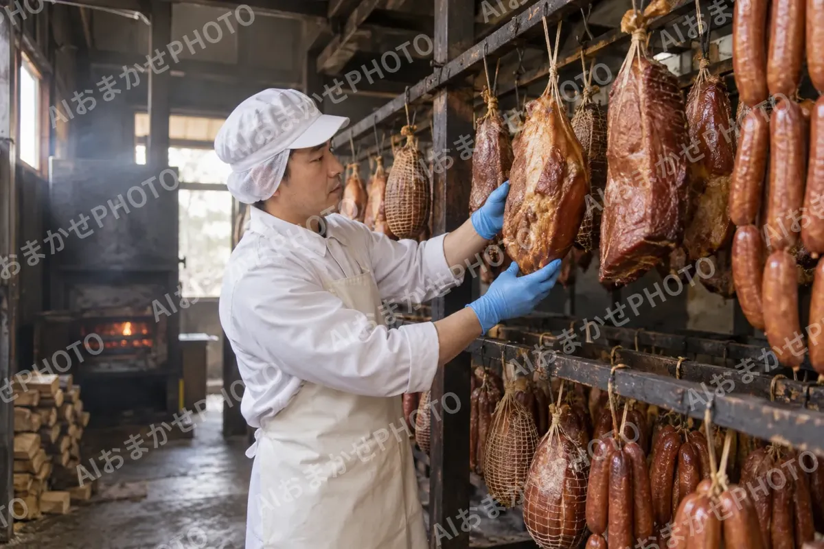 ハムやソーセージをつるしたくんせいの部屋（食品製造・販売の写真 No.56）