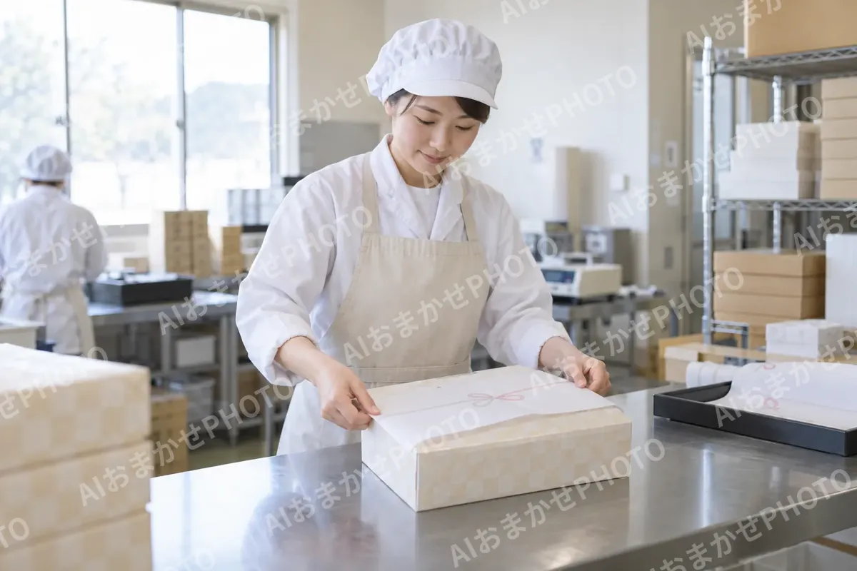 箱にのし紙をかける店員（食品製造・販売の写真 No.61）