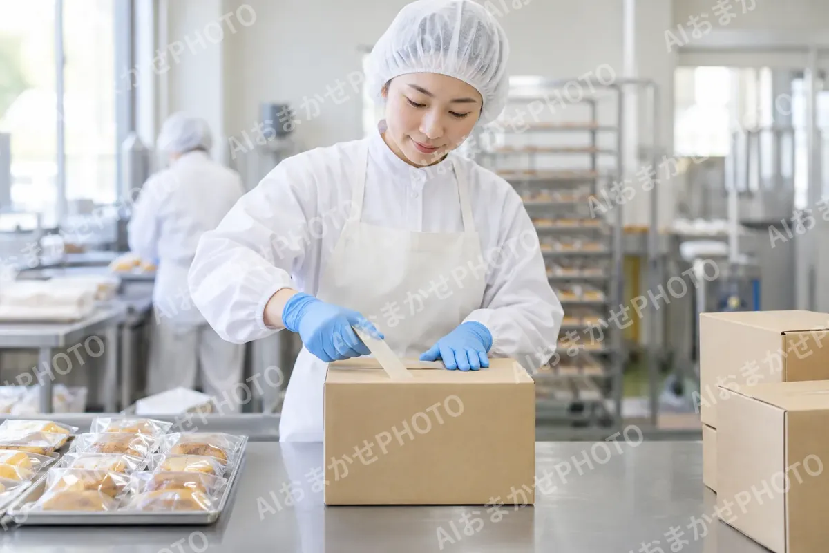 シールで箱をとじる作り手（食品製造・販売の写真 No.62）