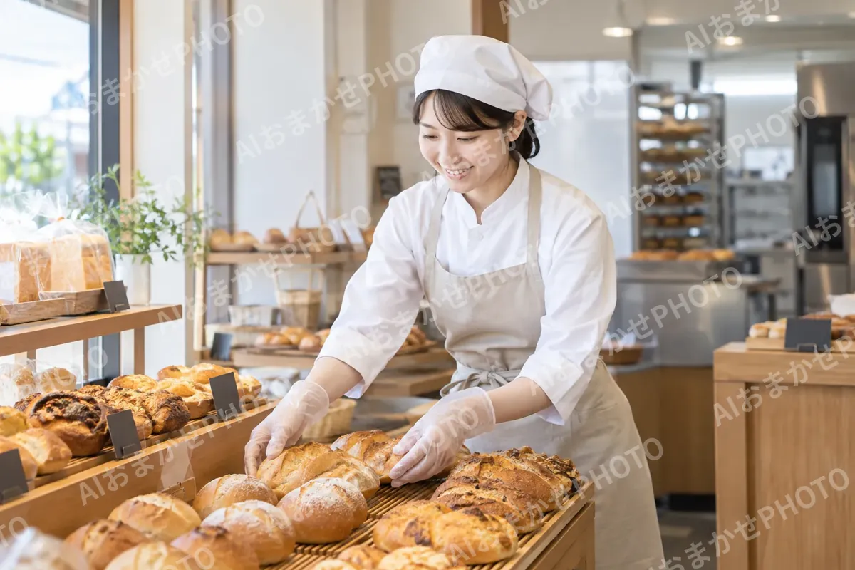 できたてを店にならべる店員（食品製造・販売の写真 No.64）