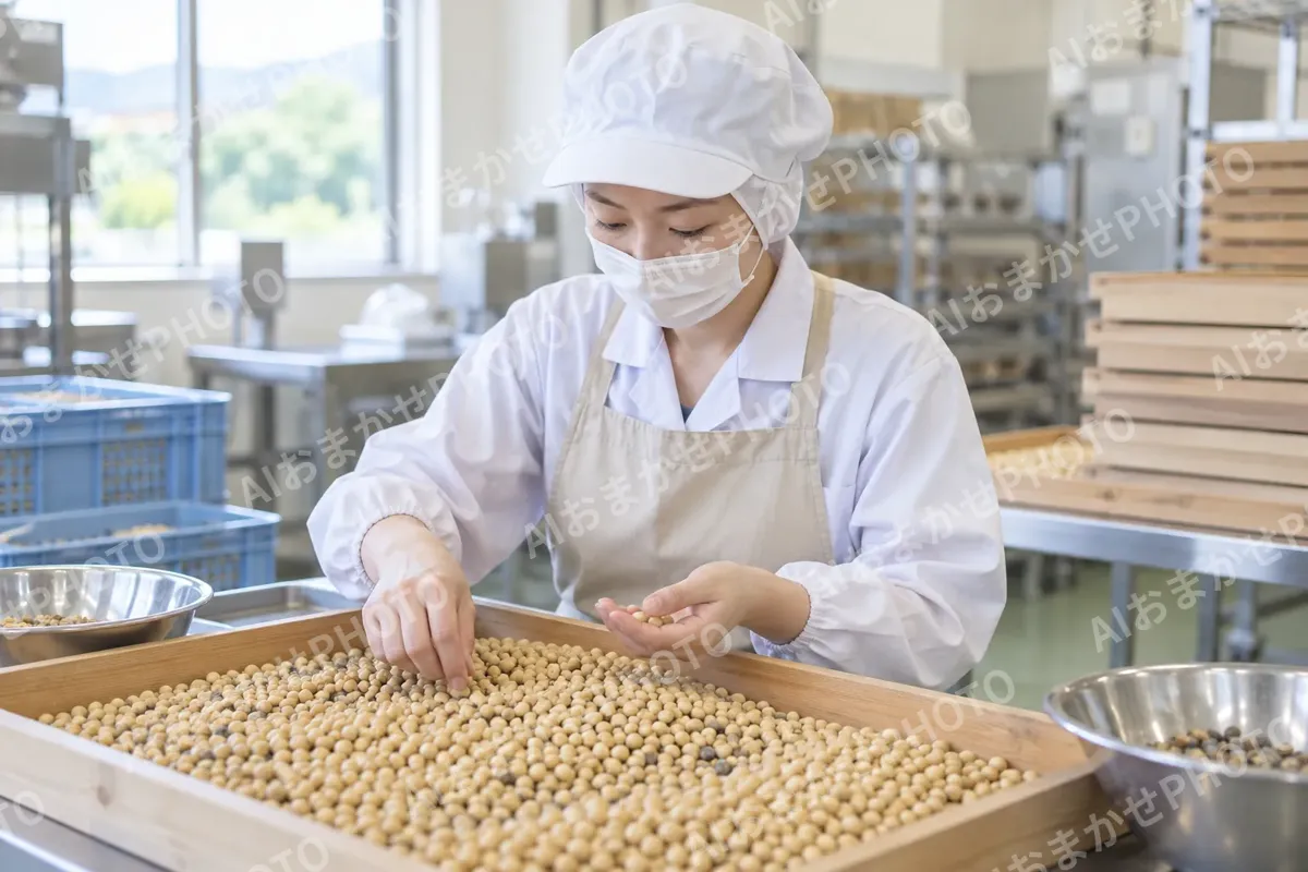 材料の豆を手でより分ける作り手（食品製造・販売の写真 No.66）