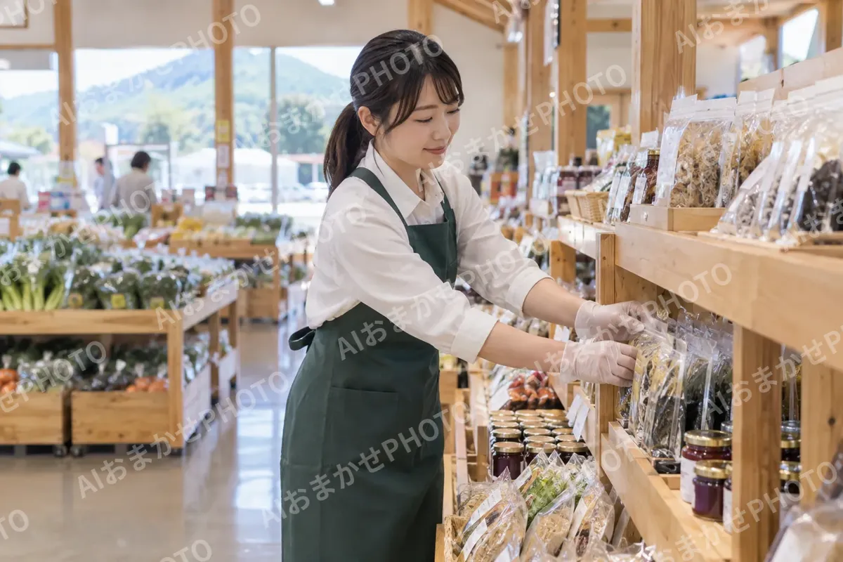 道の駅の棚に商品を並べる社員（食品製造・販売の写真 No.70）