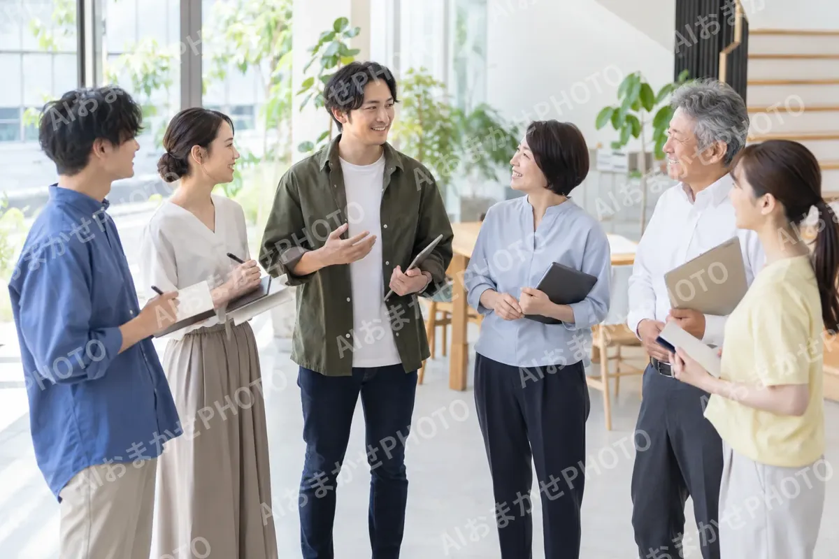 朝の打ち合わせで輪になって話すスタッフたち（その他（上記にない業種）の写真 No.25）