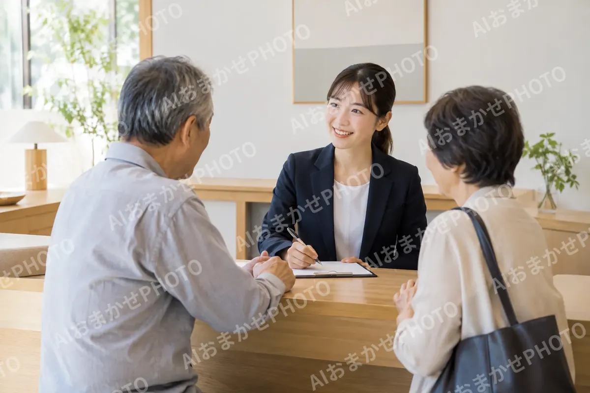 カウンターでお客様の話を聞くスタッフ（その他（上記にない業種）の写真 No.27）