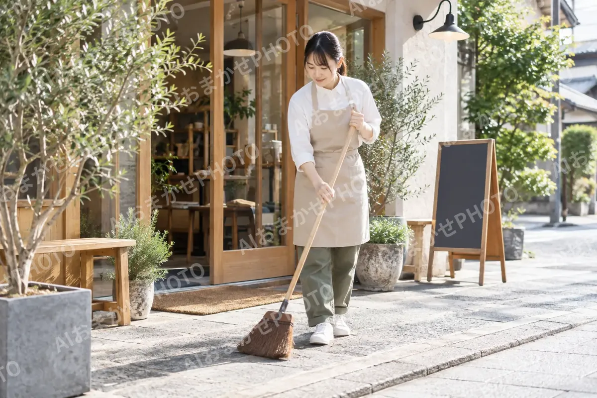 店の前を掃除するスタッフ（その他（上記にない業種）の写真 No.40）
