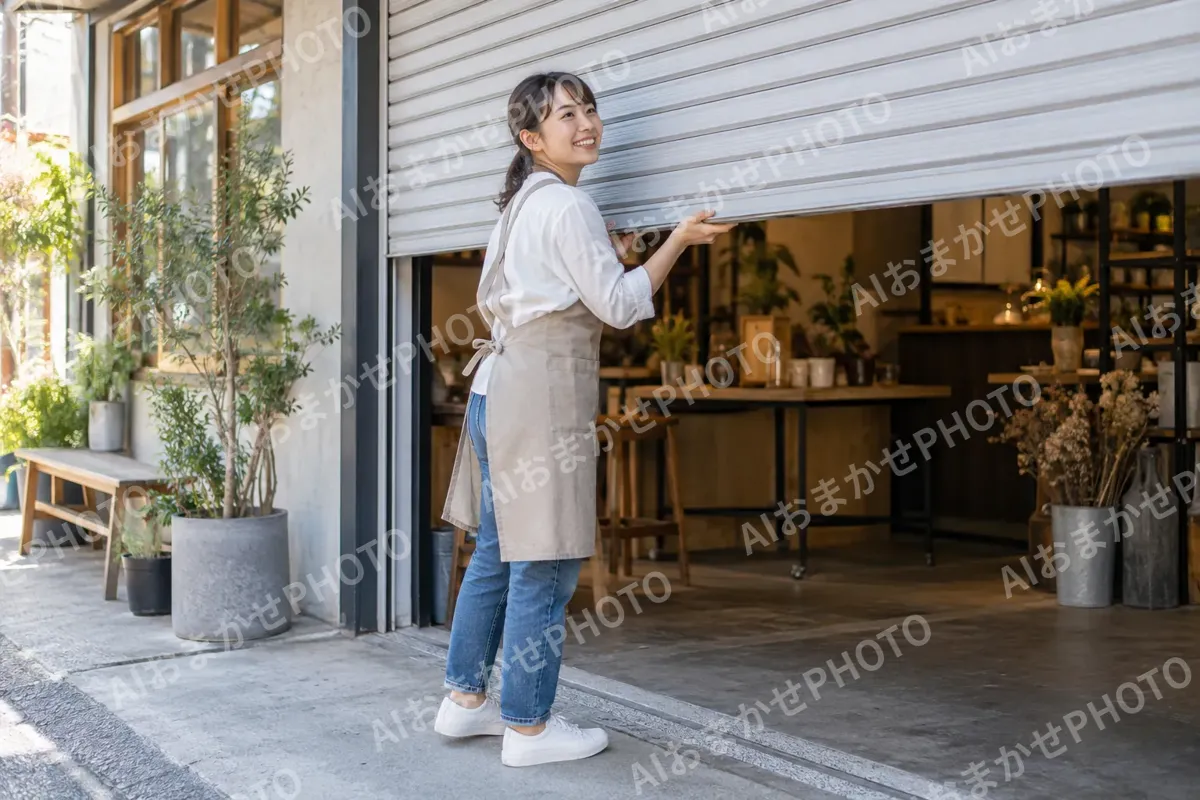 店のシャッターを開けるスタッフ（その他（上記にない業種）の写真 No.41）