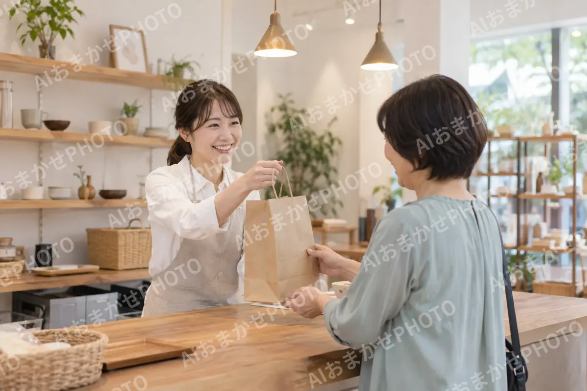 商品をふくろに入れて渡すスタッフ（その他（上記にない業種）の写真 No.43）