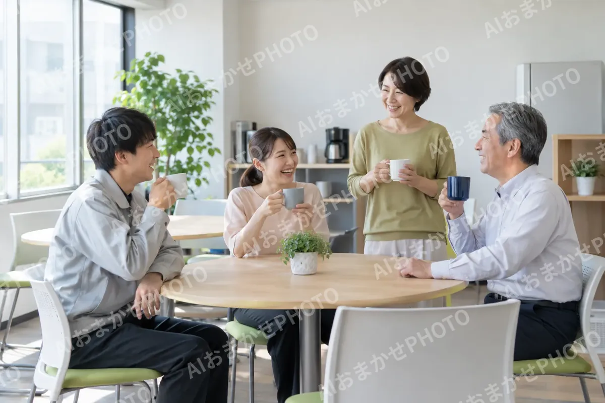 休憩室でお茶を飲みながら話すスタッフたち（その他（上記にない業種）の写真 No.46）