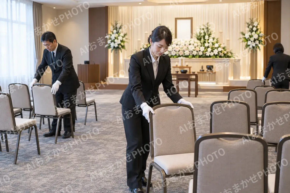 式場のいすをならべるスタッフ（葬儀・葬祭・斎場の写真 No.28）