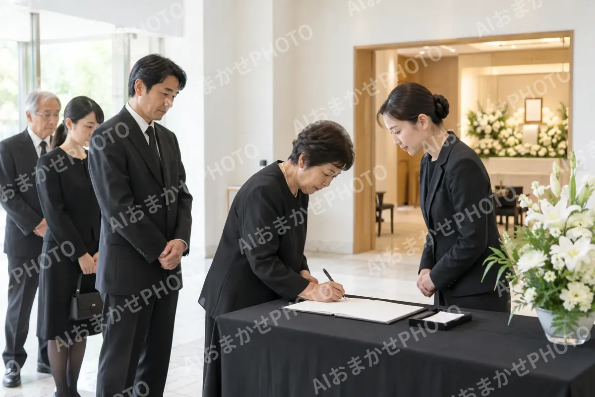 受付で記帳をする参列の人とスタッフ（葬儀・葬祭・斎場の写真 No.29）