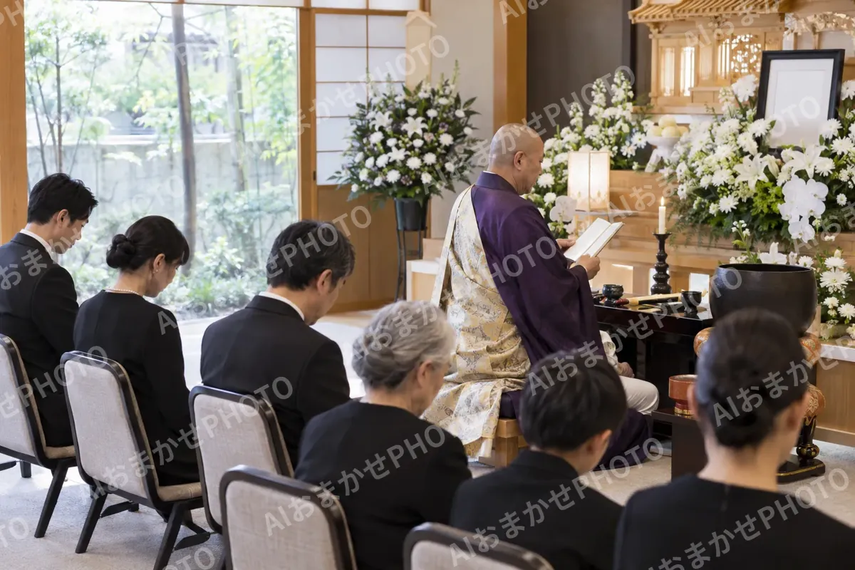 お経を読むお坊さんと参列の人たち（葬儀・葬祭・斎場の写真 No.33）