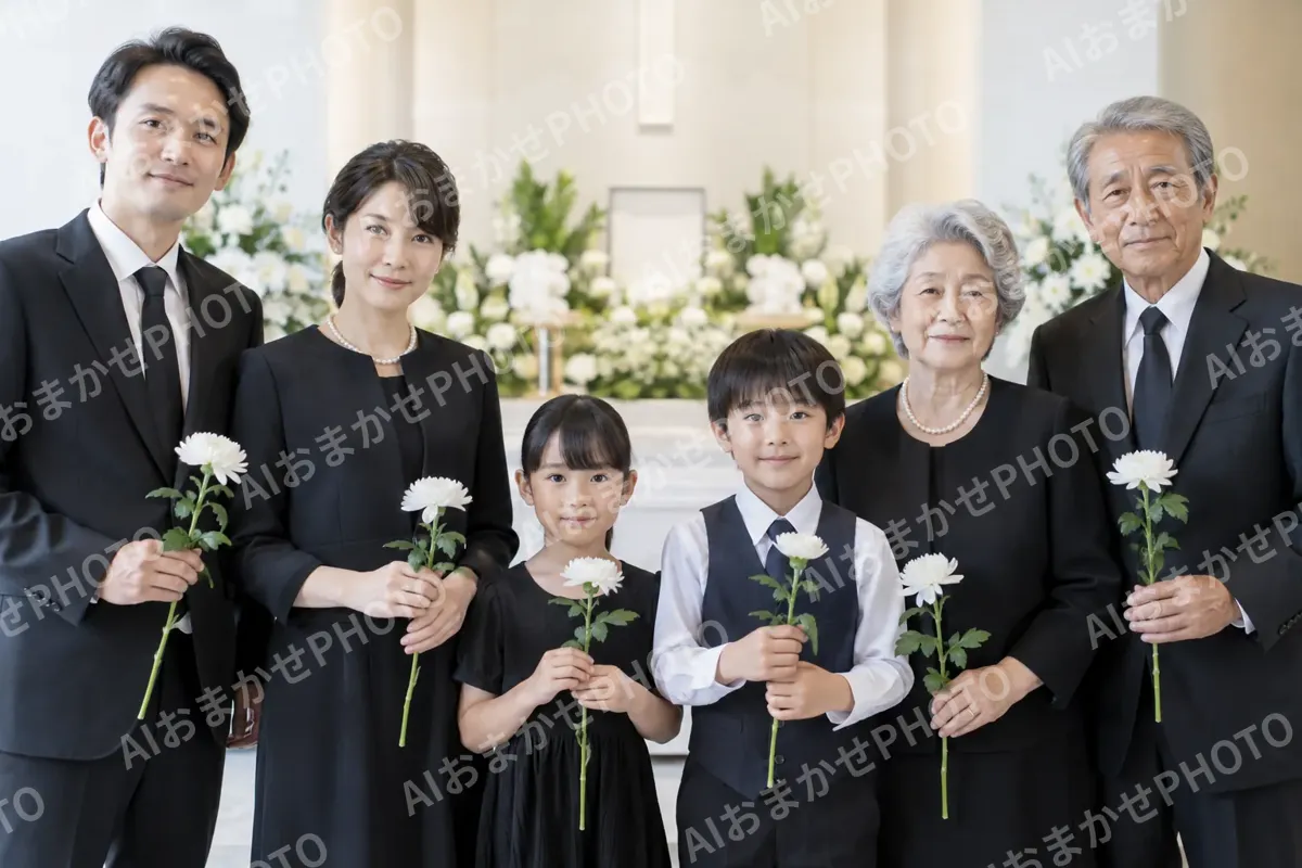 白い花を手に持ってならぶご家族（葬儀・葬祭・斎場の写真 No.35）