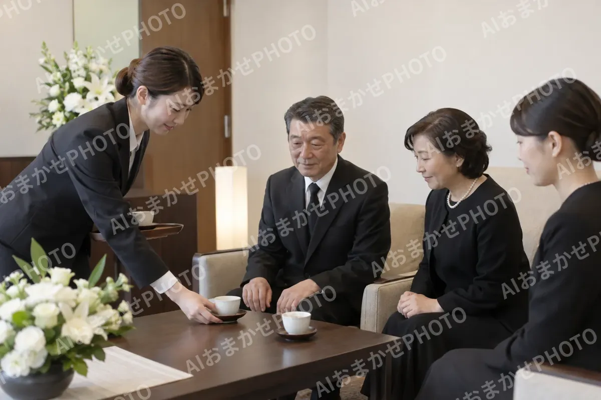 控室でご家族にお茶を出すスタッフ（葬儀・葬祭・斎場の写真 No.37）