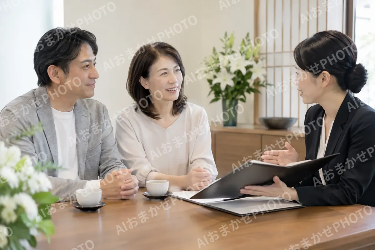 事前の相談に来た夫婦と話すスタッフ（葬儀・葬祭・斎場の写真 No.40）