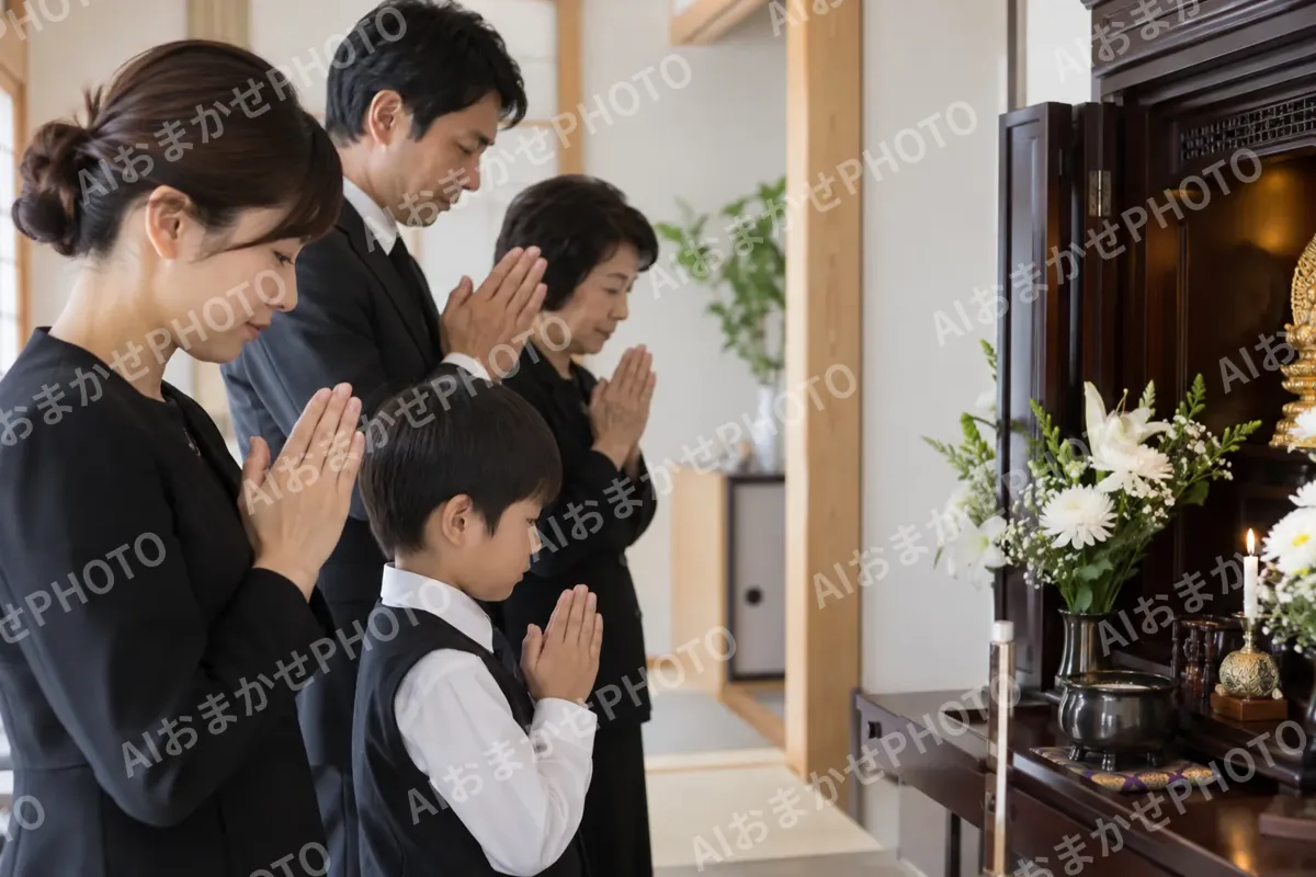 仏壇の前で手を合わせる家族（葬儀・葬祭・斎場の写真 No.42）